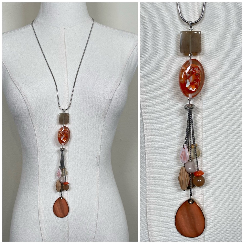 Chico's Pendant Tassel Necklace Orange Brown Silver Tone Mixed Media Bead Boho